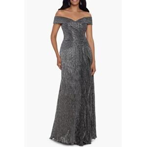 H2 Xscape Long Maxi Off Shoulder Gown Womens 16‎ Silver Metallic